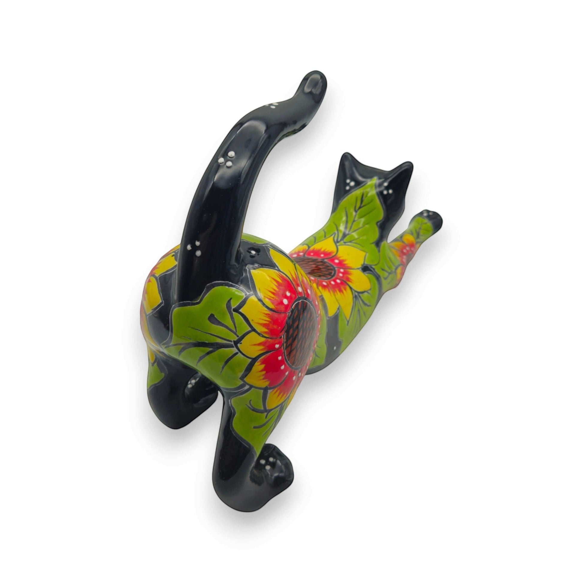 Talavera Stretching Cat Statue Hand-Painted Sunflower Design - - Talavera Statue