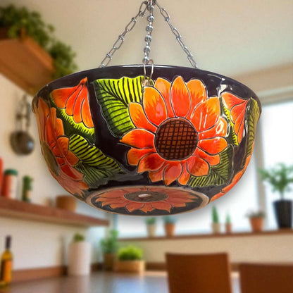Vibrant Talavera Sunflower Hanging Planter Artisan Pot - - Talavera Flower Pot