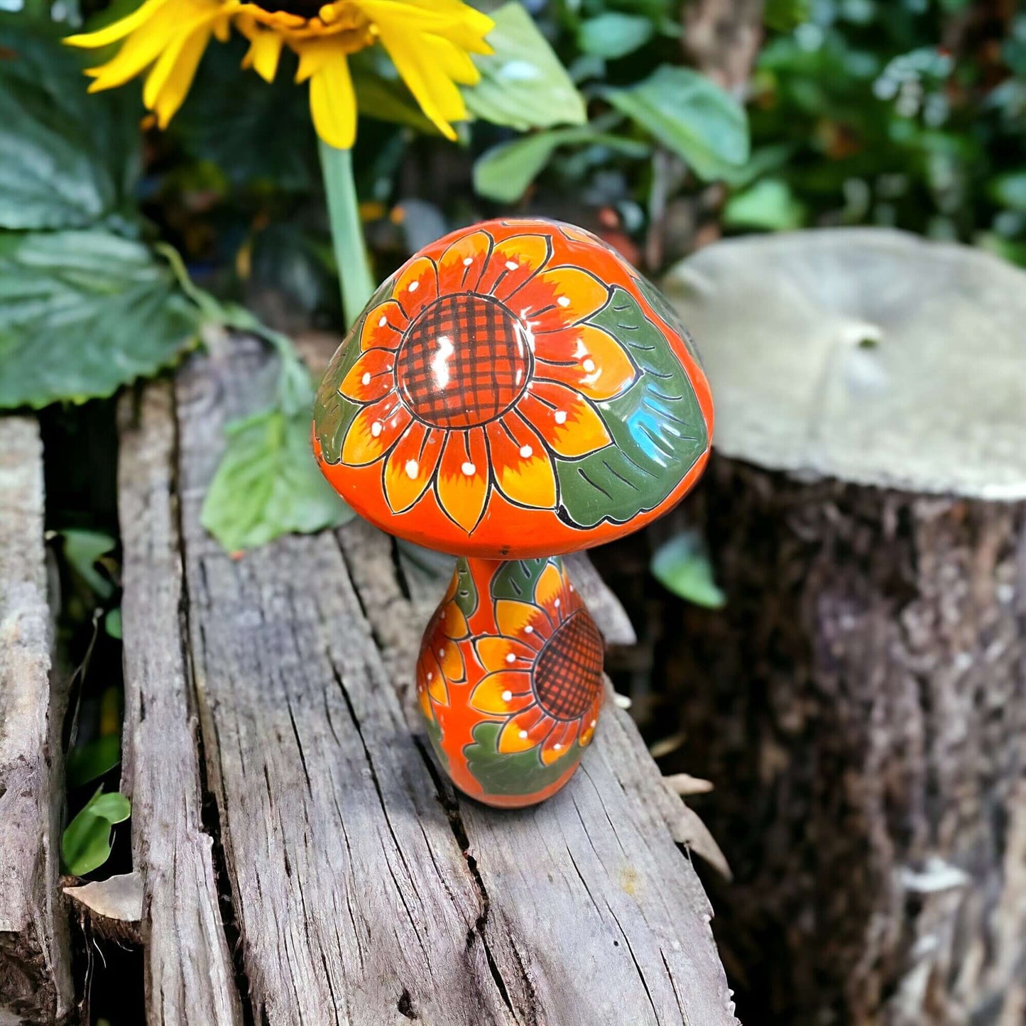 Talavera Mushroom Trio Hand-Painted Sunflower Garden Decor - - Talavera Statue