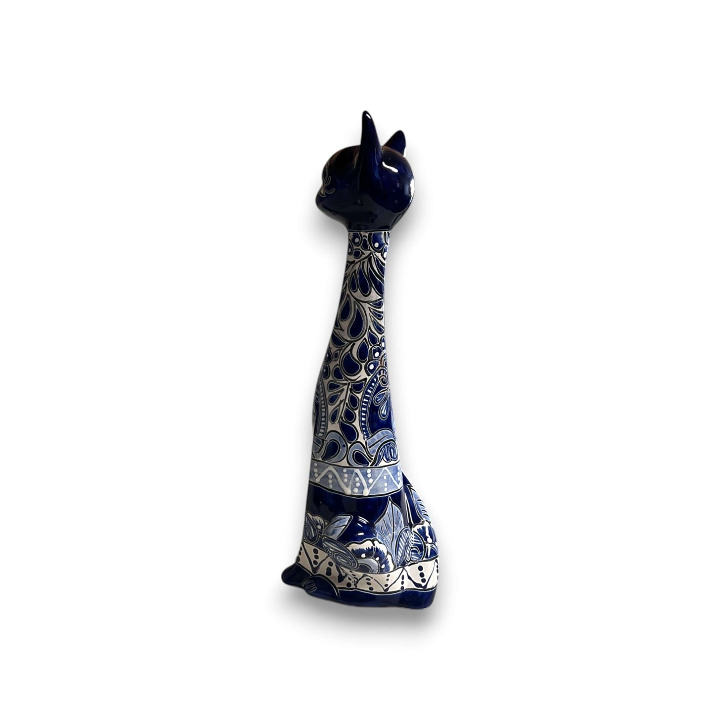 Tall Talavera Cat Statue Handmade Blue & White Ceramic Figurine - - Talavera Statue