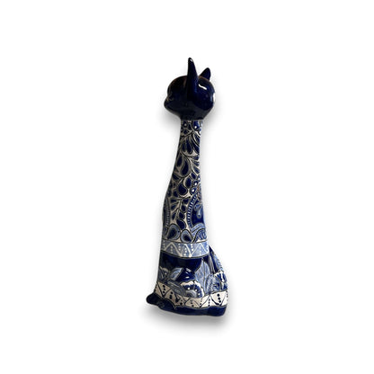 Tall Talavera Cat Statue Handmade Blue & White Ceramic Figurine - - Talavera Statue
