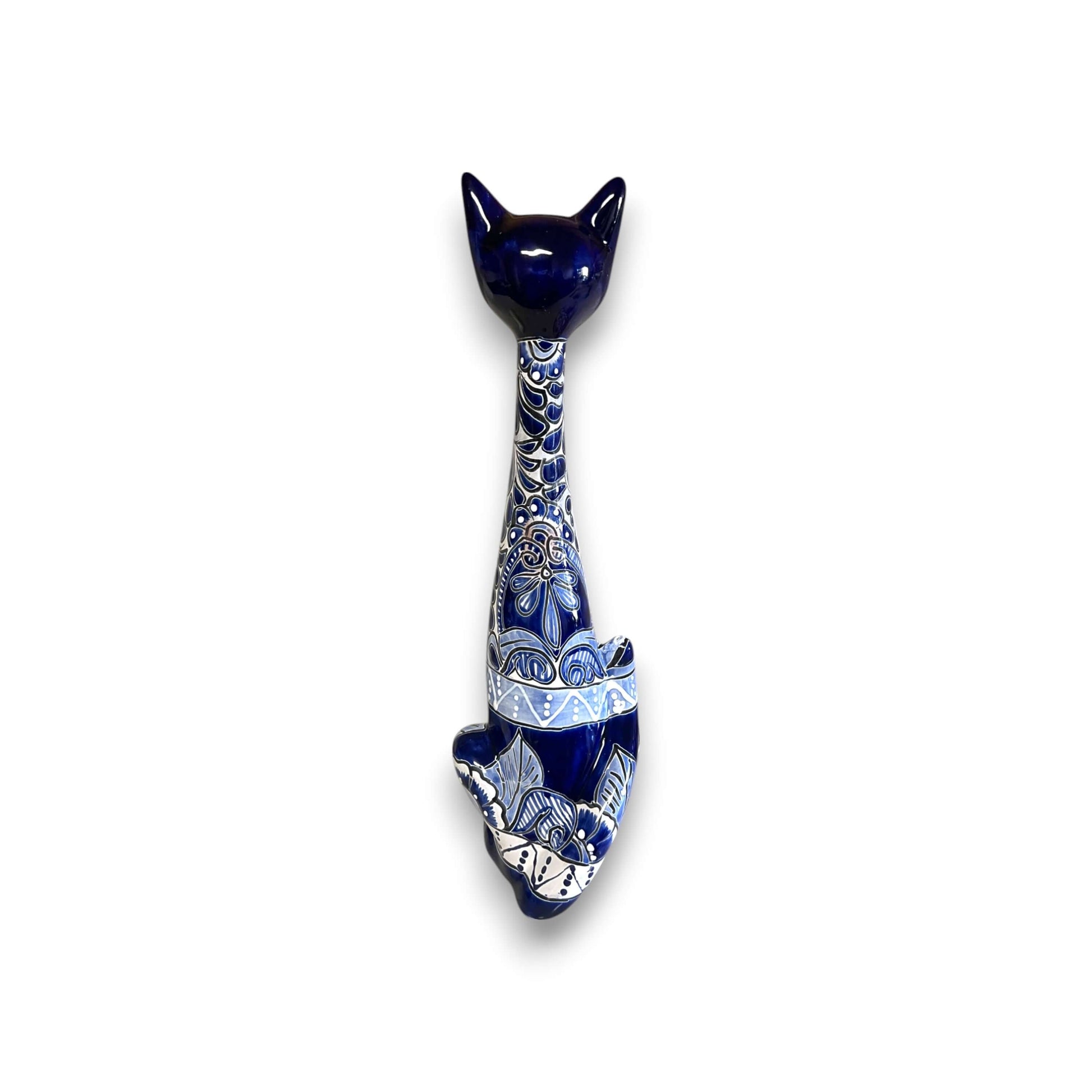 Tall Talavera Cat Statue Handmade Blue & White Ceramic Figurine - - Talavera Statue