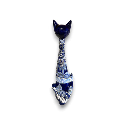 Tall Talavera Cat Statue Handmade Blue & White Ceramic Figurine - - Talavera Statue
