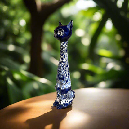 Tall Talavera Cat Statue Handmade Blue & White Ceramic Figurine - - Talavera Statue