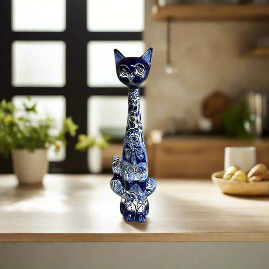 Tall Talavera Cat Statue Handmade Blue & White Ceramic Figurine - - Talavera Statue