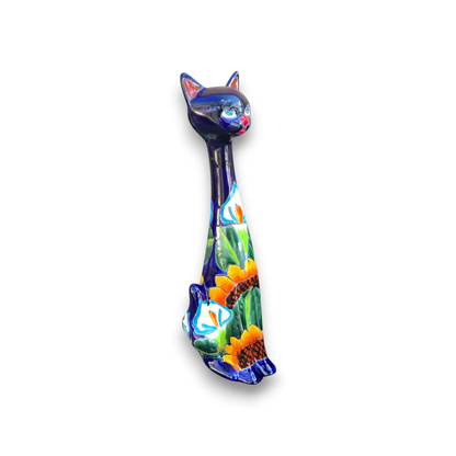 Tall Talavera Cat Statue Handmade Mexican Sunflower Decor - - Talavera Statue