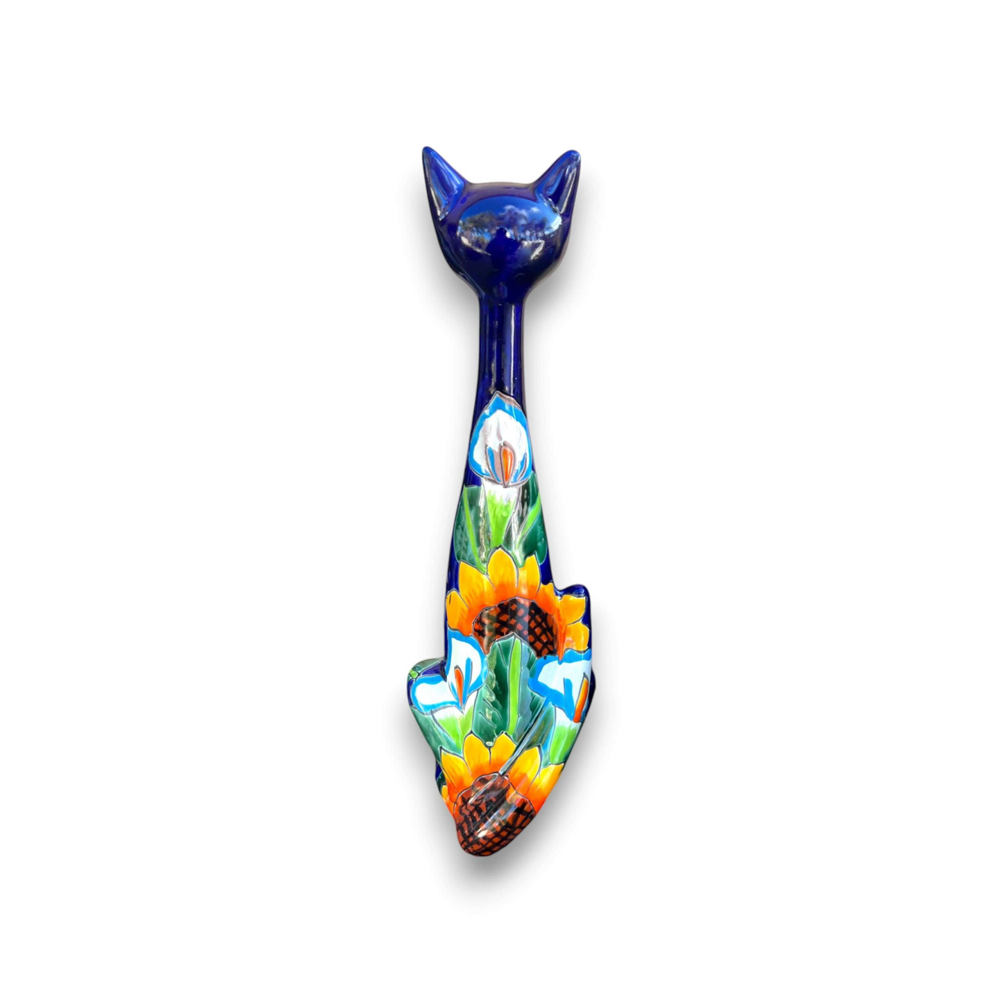 Tall Talavera Cat Statue Handmade Mexican Sunflower Decor - - Talavera Statue