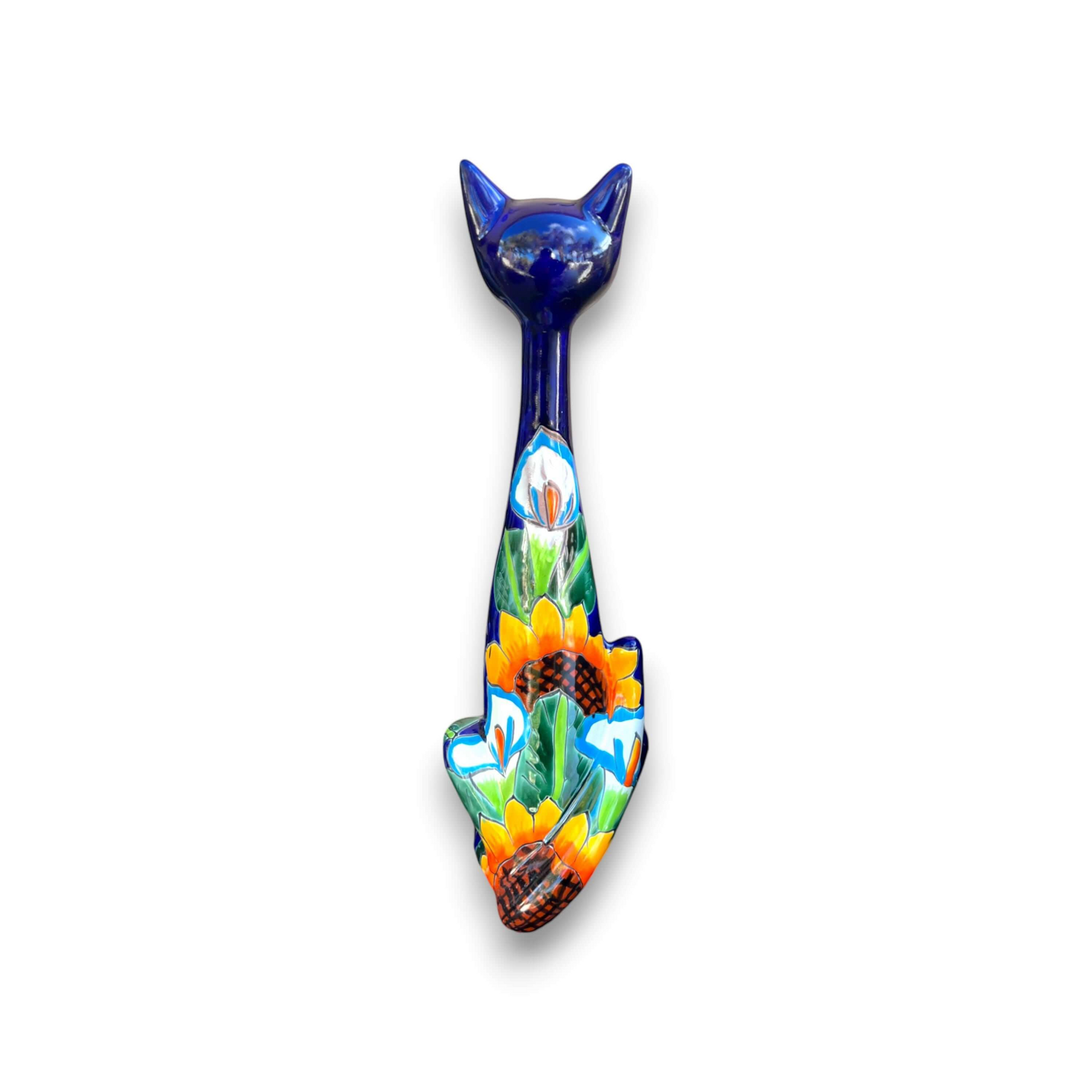 Tall Talavera Cat Statue Handmade Mexican Sunflower Decor - - Talavera Statue