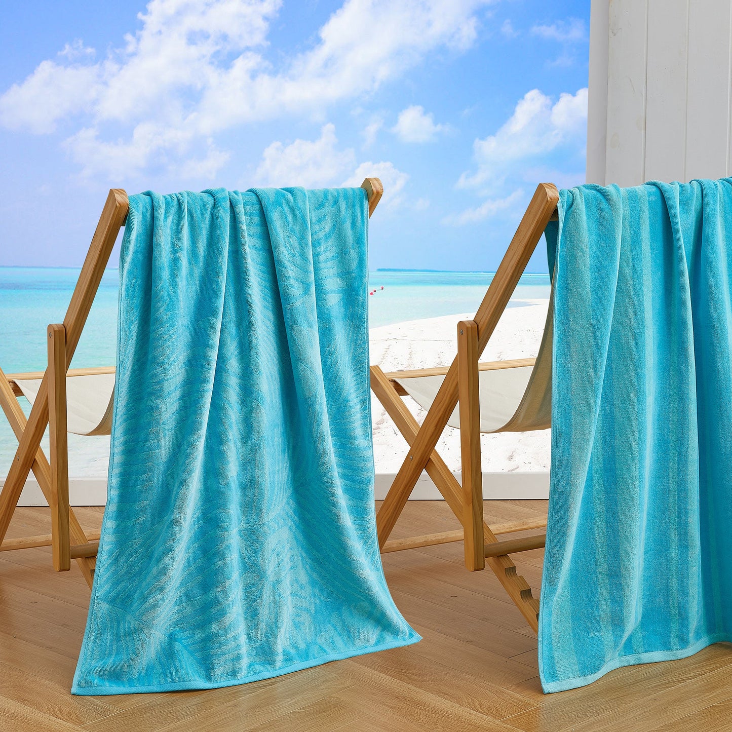 Cotton Velour Beach Towel - Maui Collection - 2 Pack- 30" x 60" Turquoise Teal Palm Leaf & Stripe - Beach Towels