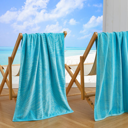 Cotton Velour Beach Towel - Maui Collection - 2 Pack- 30" x 60" Turquoise Teal Palm Leaf & Stripe - Beach Towels
