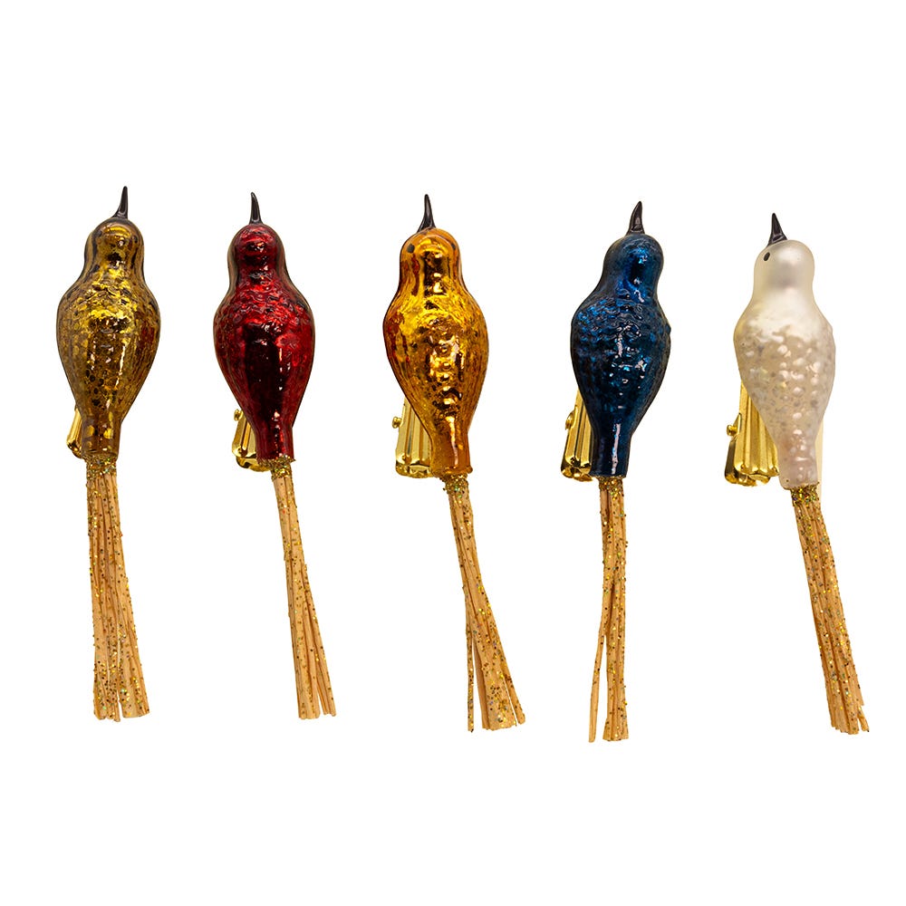 Glass Vintage Clip-On Bird Ornaments - 5 Piece Set - - Christmas >> Ornaments >> Birds
