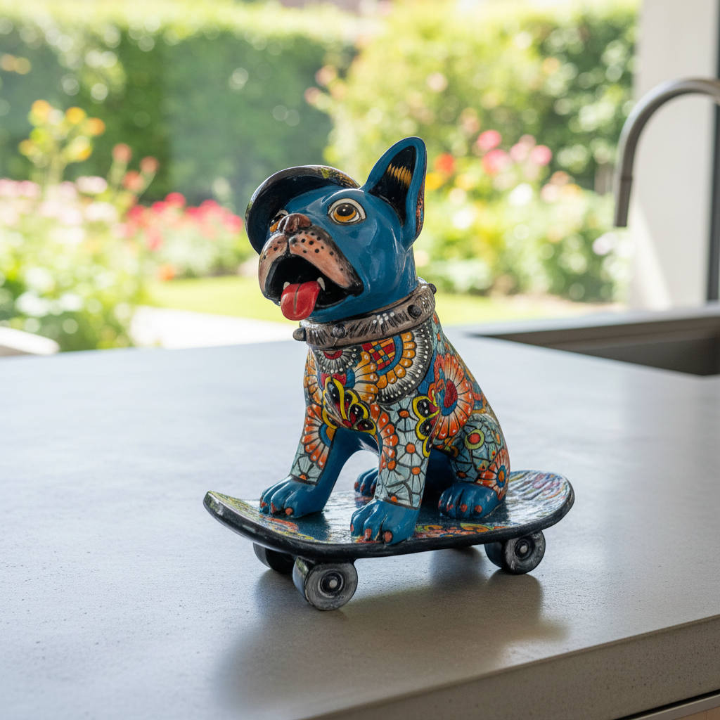 Talavera Frenchie Statue Colorful Skateboarding Bulldog Art - - Talavera Statue