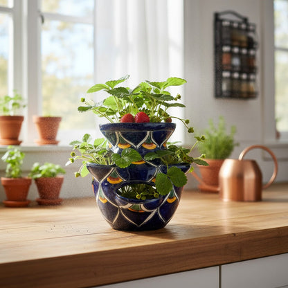 Talavera Strawberry Planter Blue Peacock Design - - Talavera Planter