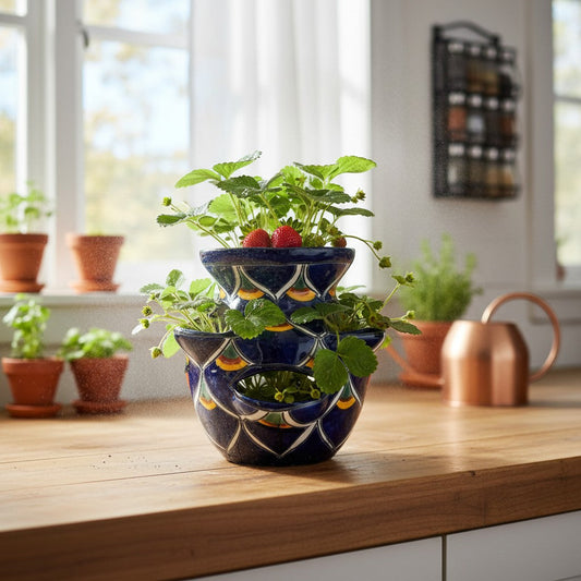 Talavera Strawberry Planter Blue Peacock Design - - Talavera Planter