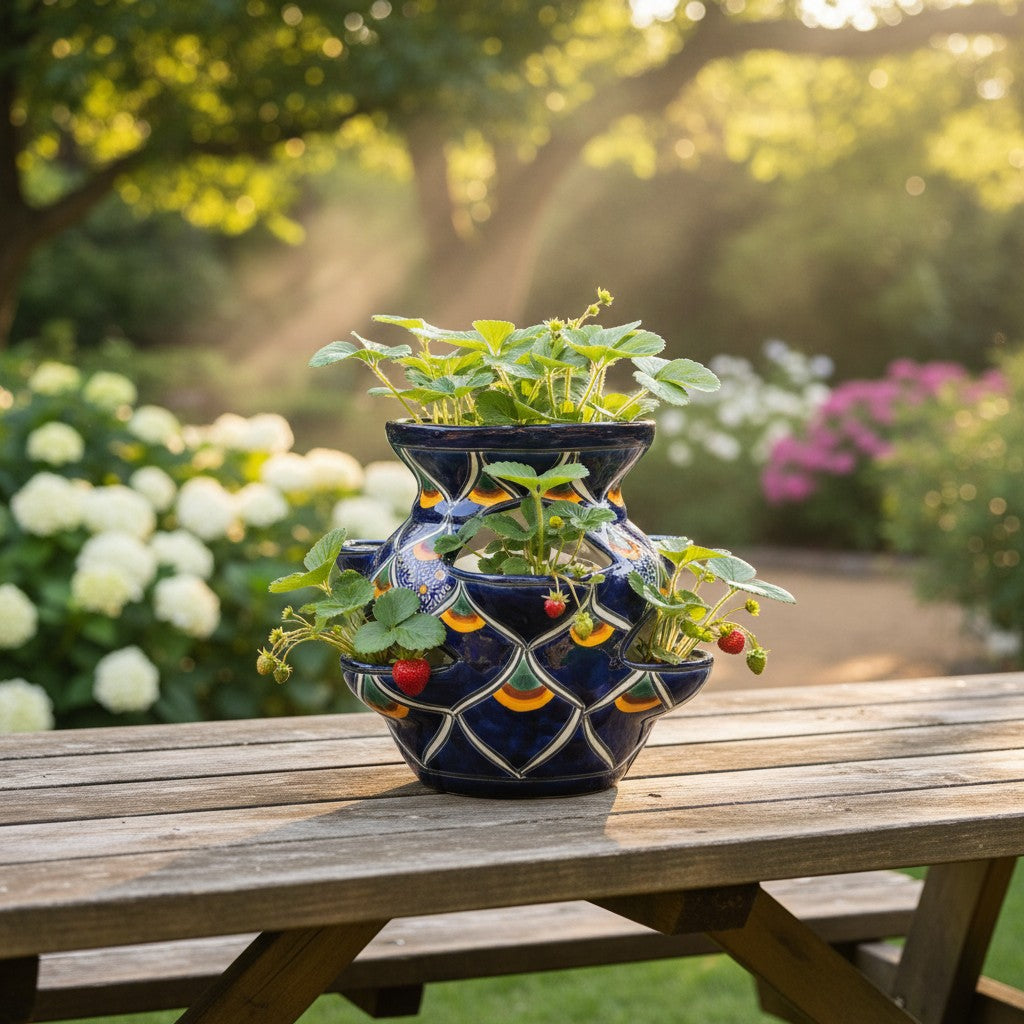 Talavera Strawberry Planter Blue Peacock Design - - Talavera Planter