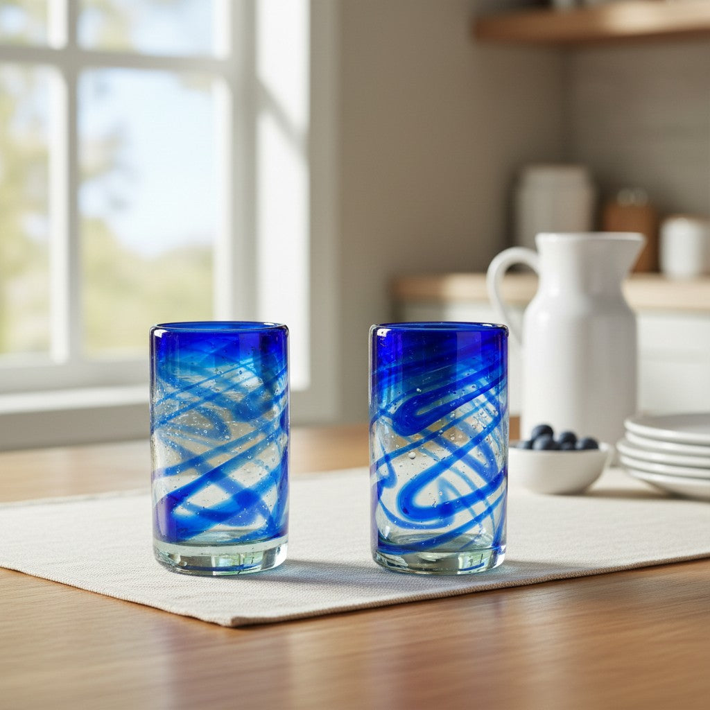 Blue Swirl Hand-Blown Glass Mexican Drinking Tumbler - - Mexican Drinking Glass