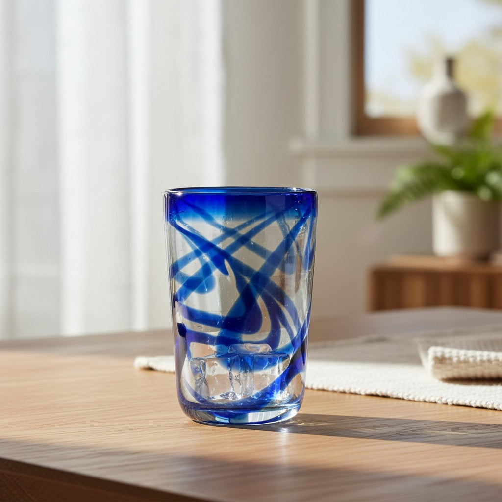 Blue Swirl Hand-Blown Glass Mexican Drinking Tumbler - 1 Piece - Mexican Drinking Glass
