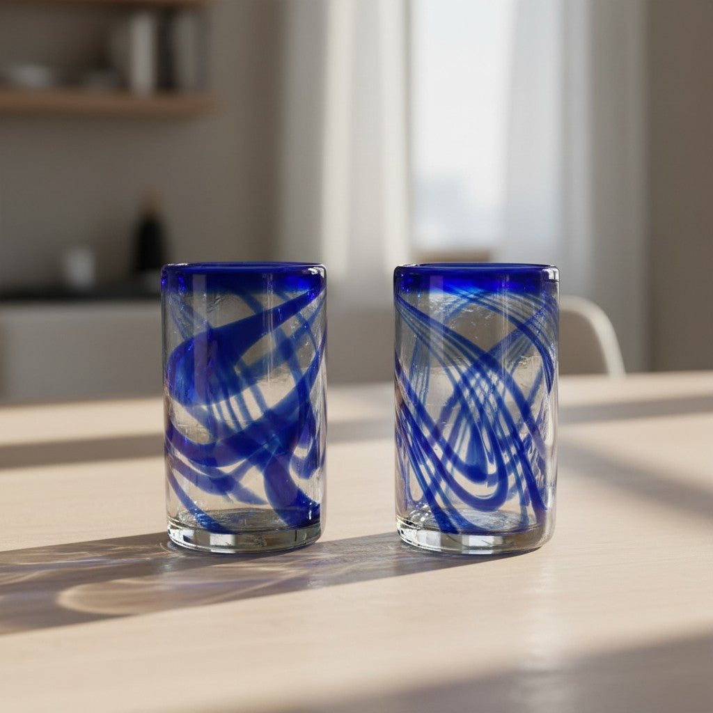 Blue Swirl Hand-Blown Glass Mexican Drinking Tumbler - Set of 2 - Mexican Drinking Glass