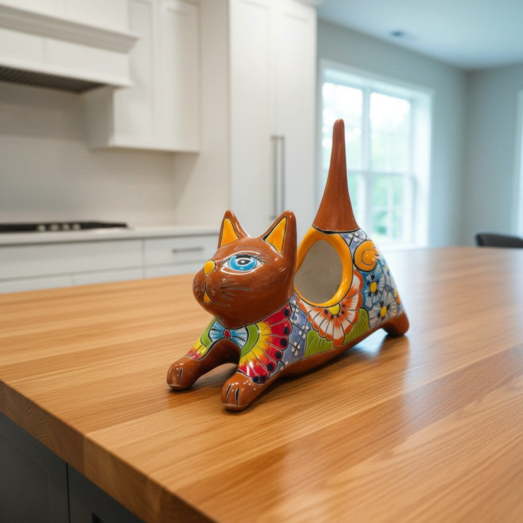 Talavera Cat Planter Colorful Handmade Stretching Animal Pot - - Talavera Planter