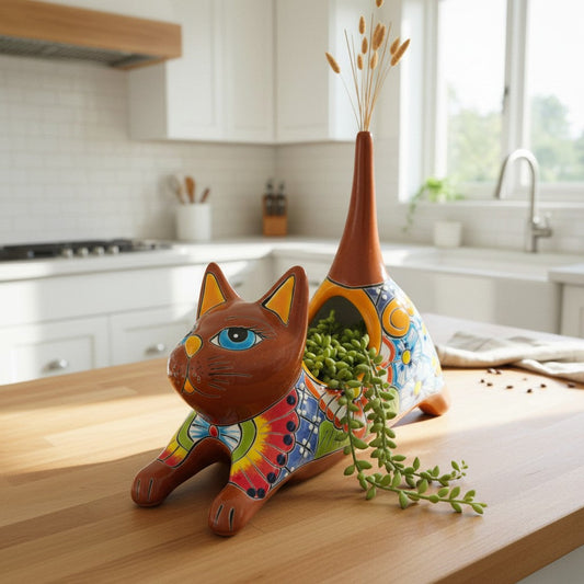 Talavera Cat Planter Colorful Handmade Stretching Animal Pot - - Talavera Planter