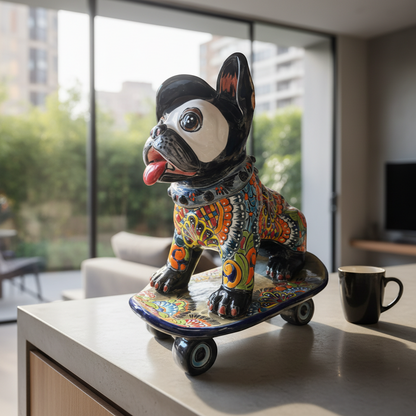 Talavera Frenchie Statue Colorful Skateboarding Bulldog Art - - Talavera Statue