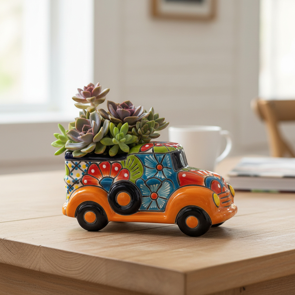 Hand-Painted Talavera Car Planter Colorful Ceramic Car Statue - - Talavera Planter