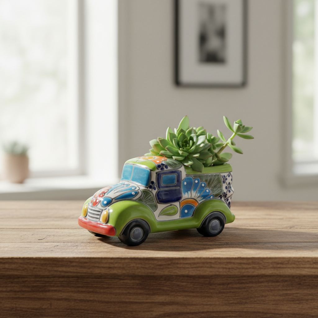 Hand-Painted Talavera Car Planter Colorful Ceramic Car Statue - - Talavera Planter