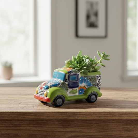 Hand-Painted Talavera Car Planter Colorful Ceramic Car Statue - - Talavera Planter
