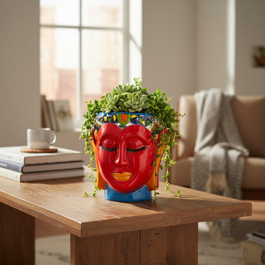 Talavera Face Planter Hand-Painted Mexican Lady Pot Folk Art - - Talavera Planter