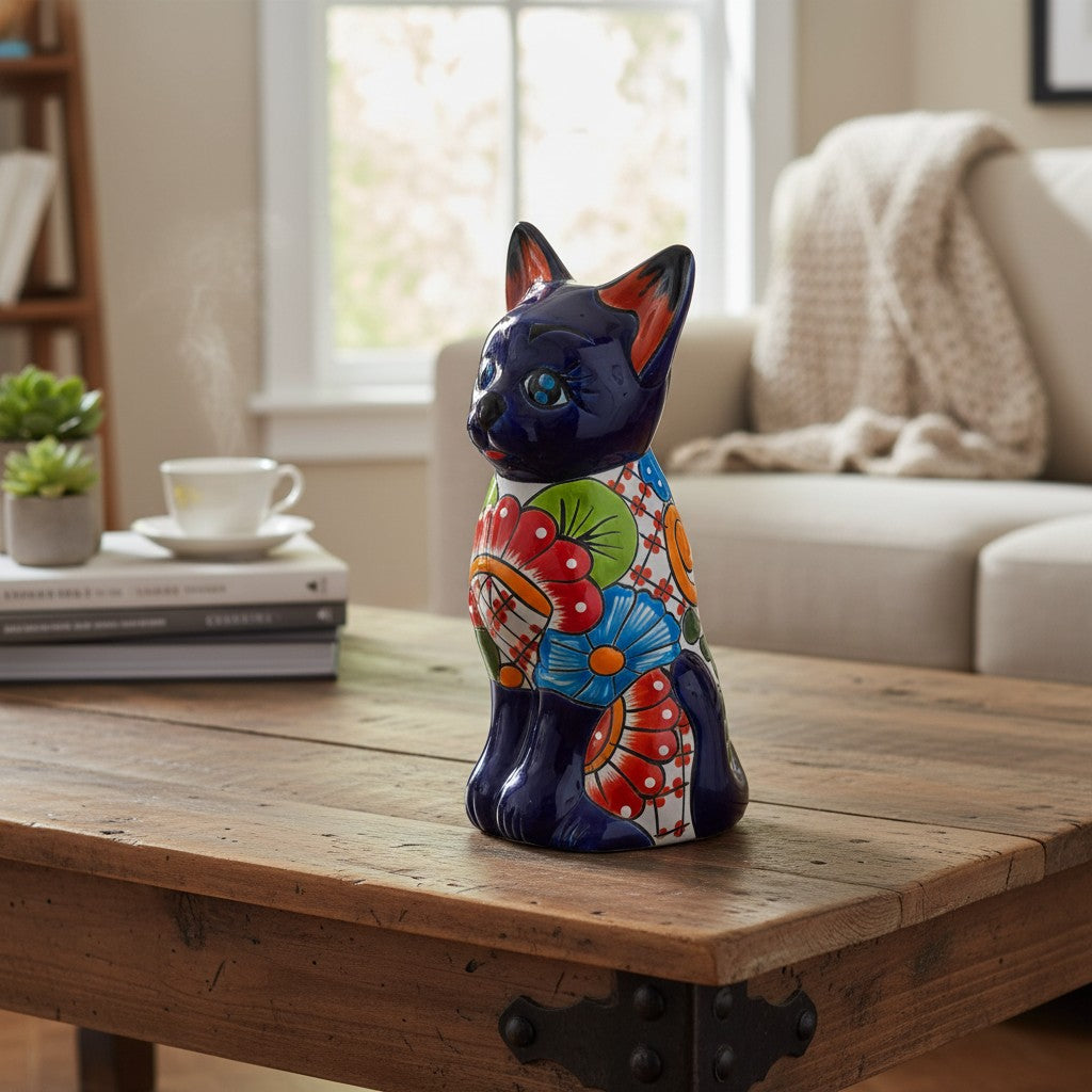Colorful Hand-Painted Talavera Cat Statue Mexican Folk Art Decor - - Talavera Statue