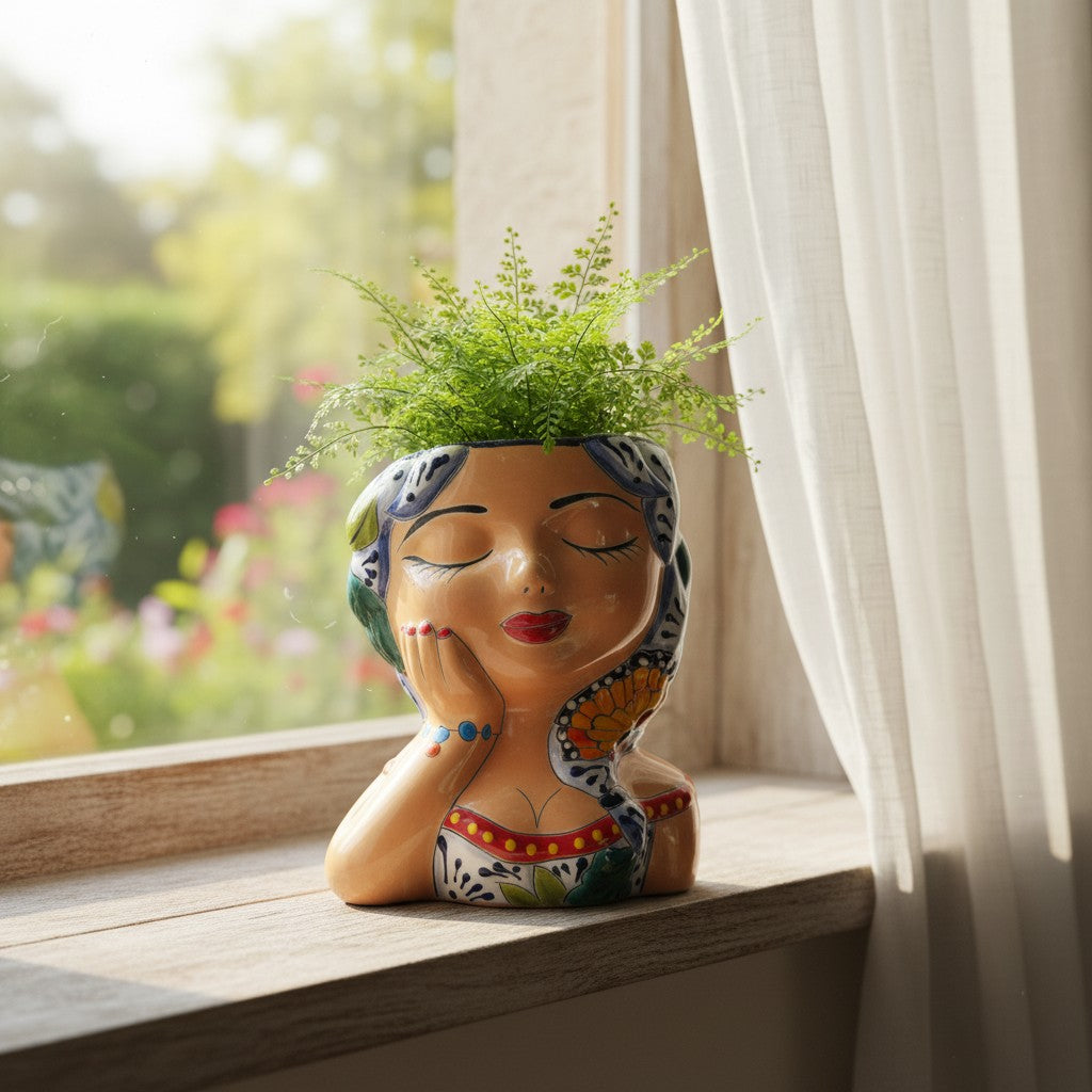 Hand-Painted Talavera Ceramic Lady Planter Mexican Artwork Decor - - Talavera Planter