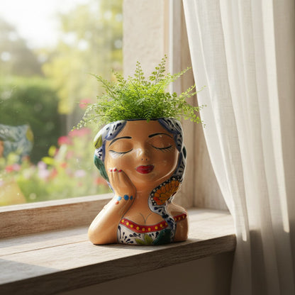 Hand-Painted Talavera Ceramic Lady Planter Mexican Artwork Decor - - Talavera Planter
