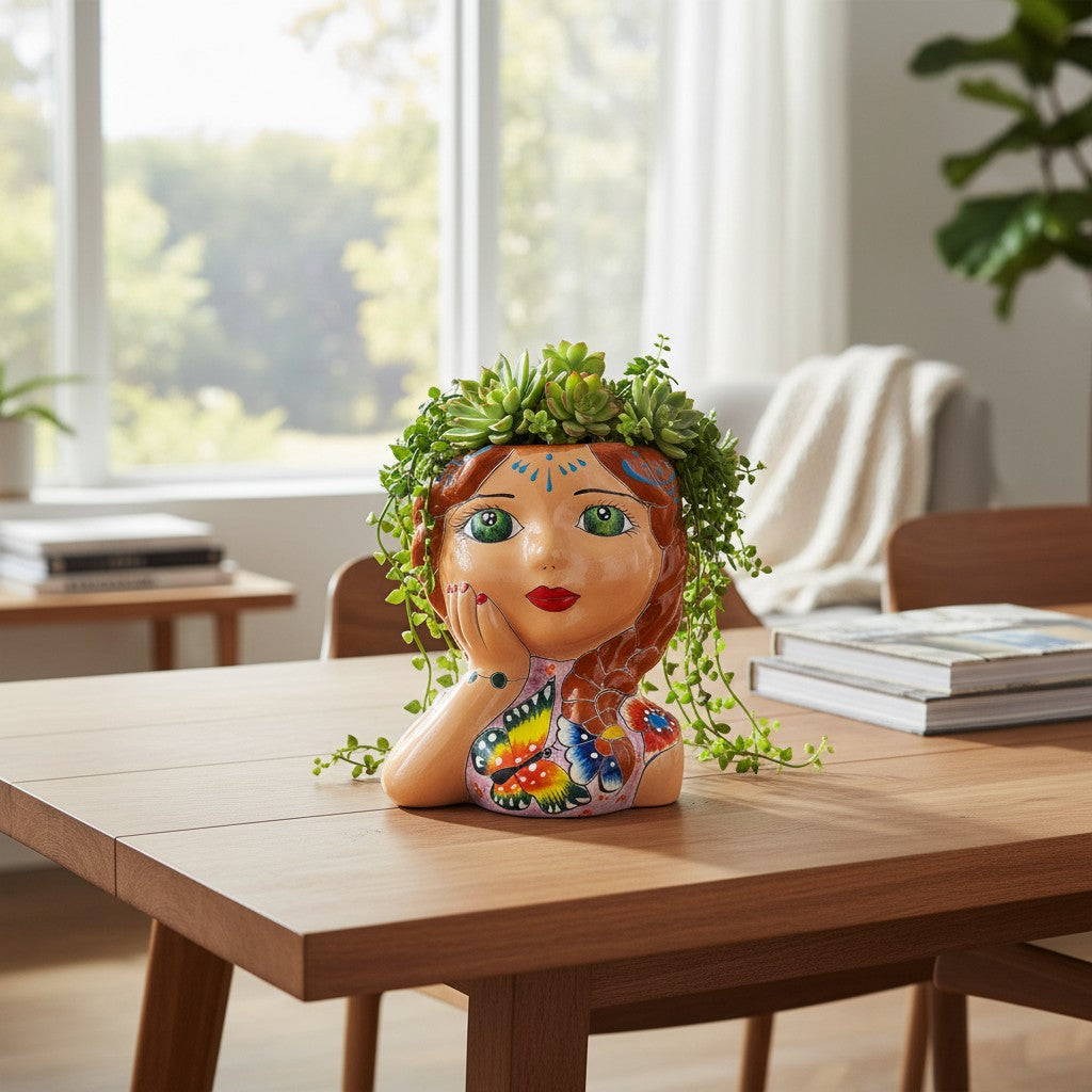 Hand-Painted Talavera Ceramic Lady Planter Mexican Artwork Decor - - Talavera Planter