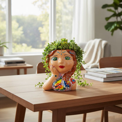 Hand-Painted Talavera Ceramic Lady Planter Mexican Artwork Decor - - Talavera Planter