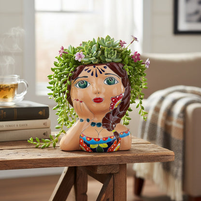 Hand-Painted Talavera Ceramic Lady Planter Mexican Artwork Decor - - Talavera Planter