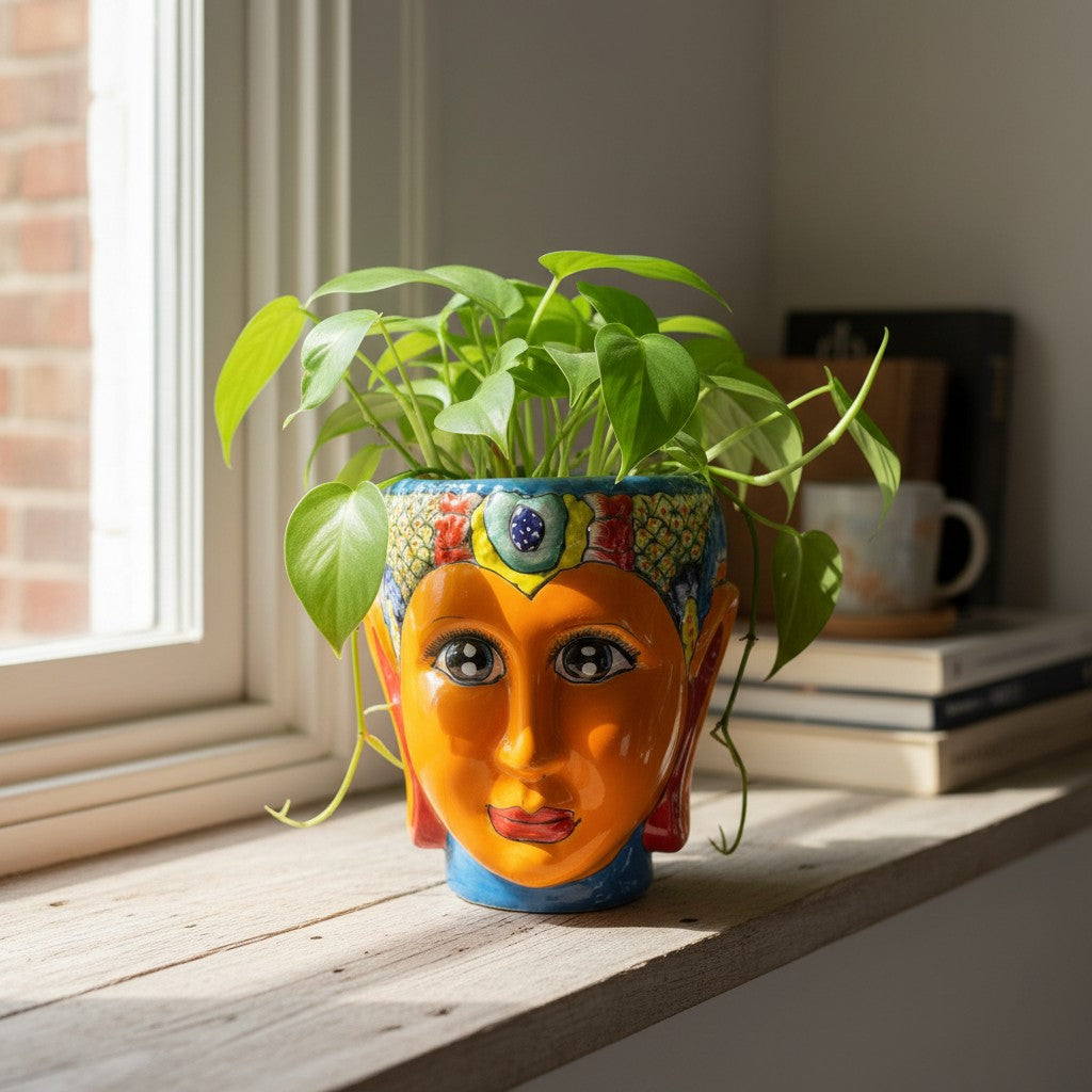 Talavera Face Planter Hand-Painted Mexican Lady Pot Folk Art - - Talavera Planter