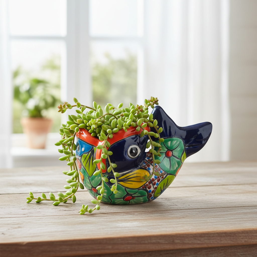 Colorful Talavera Fish Planter Mexican Hand-Painted Pottery - - Talavera Planter