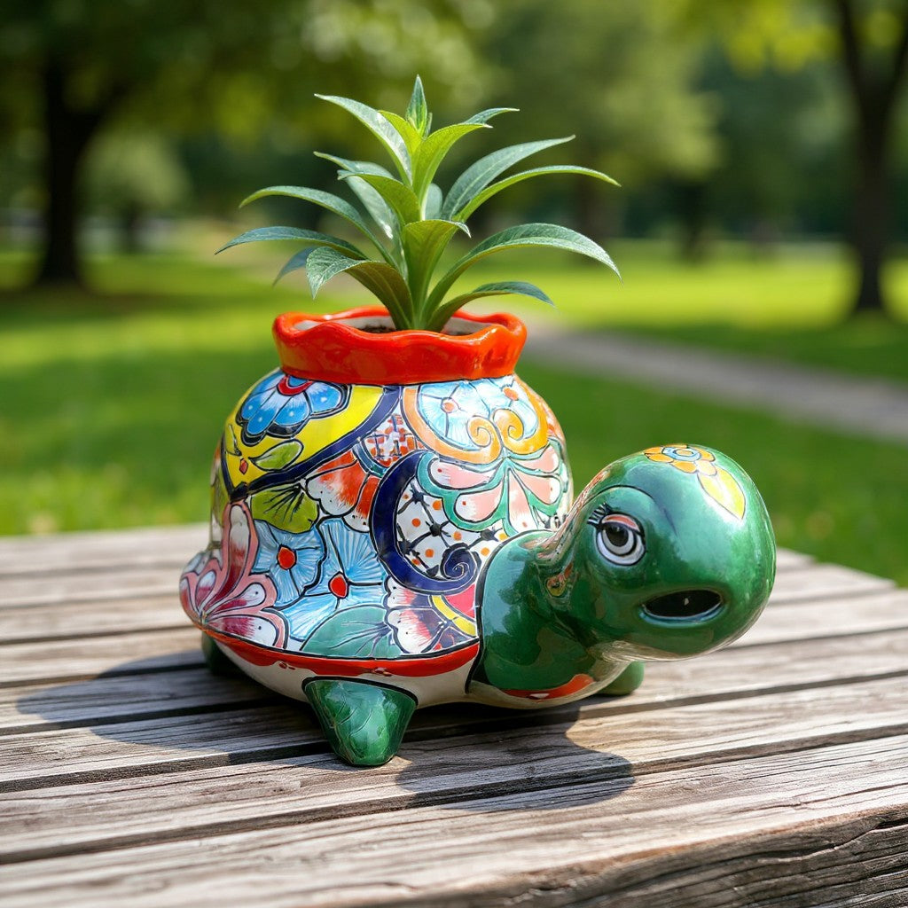 Vibrant Talavera Turtle Planter Mexican Pottery - - Talavera Planter
