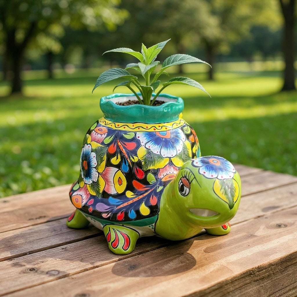 Vibrant Talavera Turtle Planter Mexican Pottery - - Talavera Planter