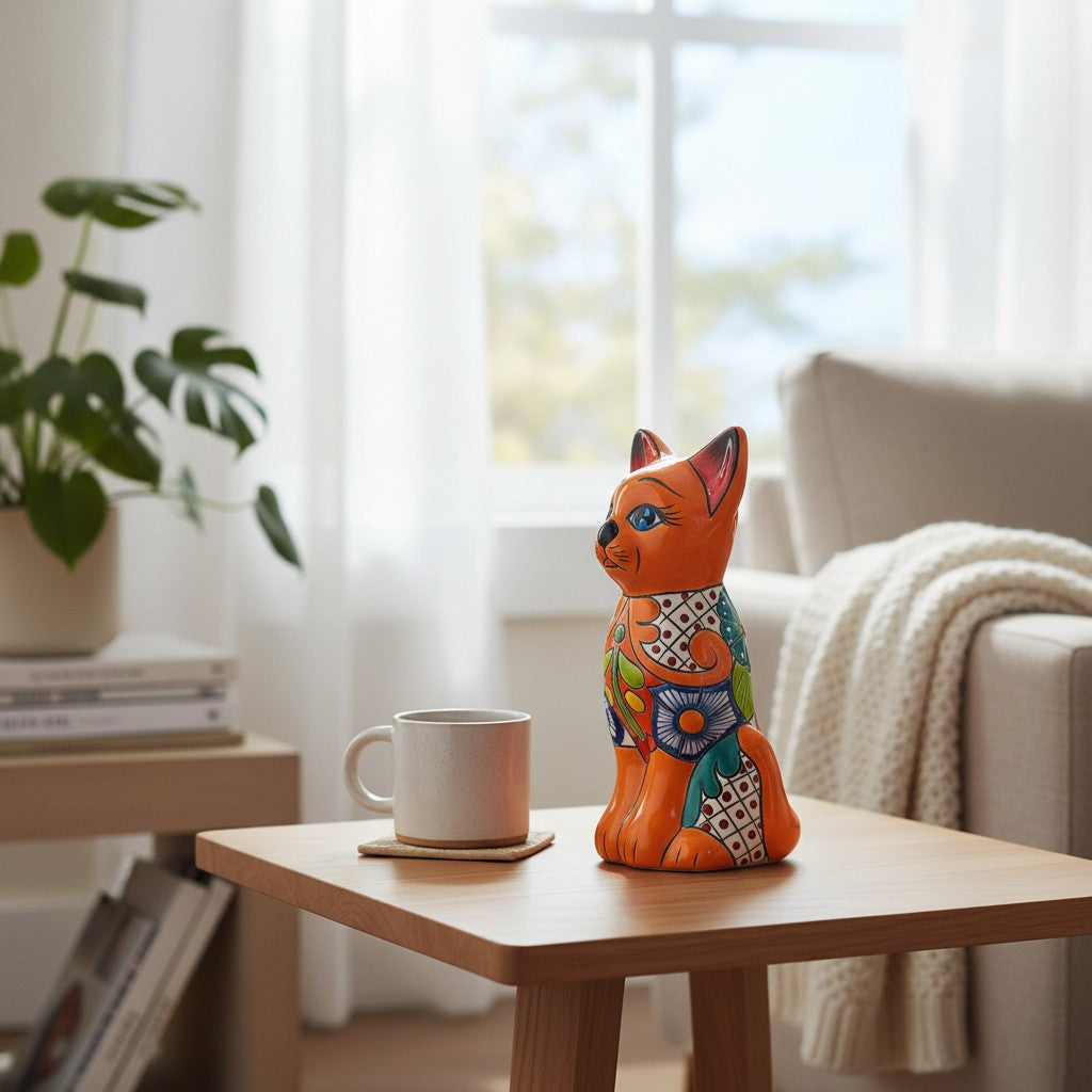 Colorful Hand-Painted Talavera Cat Statue Mexican Folk Art Decor - - Talavera Statue