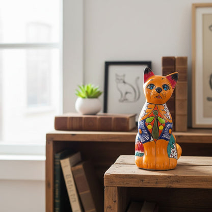 Colorful Hand-Painted Talavera Cat Statue Mexican Folk Art Decor - - Talavera Statue