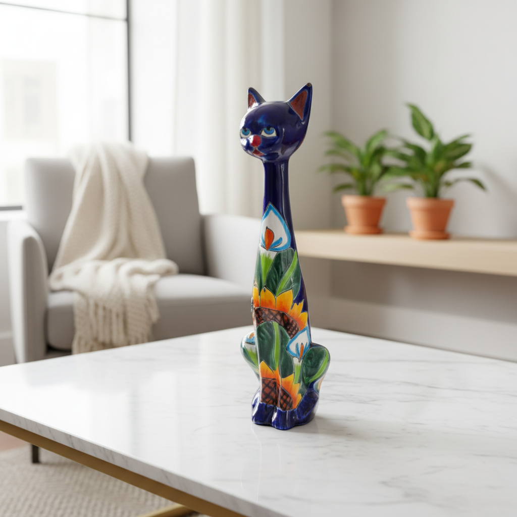 Tall Talavera Cat Statue Handmade Mexican Sunflower Decor - - Talavera Statue