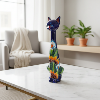 Tall Talavera Cat Statue Handmade Mexican Sunflower Decor - - Talavera Statue