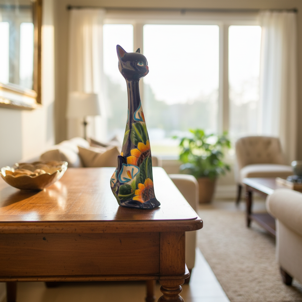 Tall Talavera Cat Statue Handmade Mexican Sunflower Decor - - Talavera Statue
