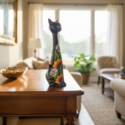 Tall Talavera Cat Statue Handmade Mexican Sunflower Decor - - Talavera Statue