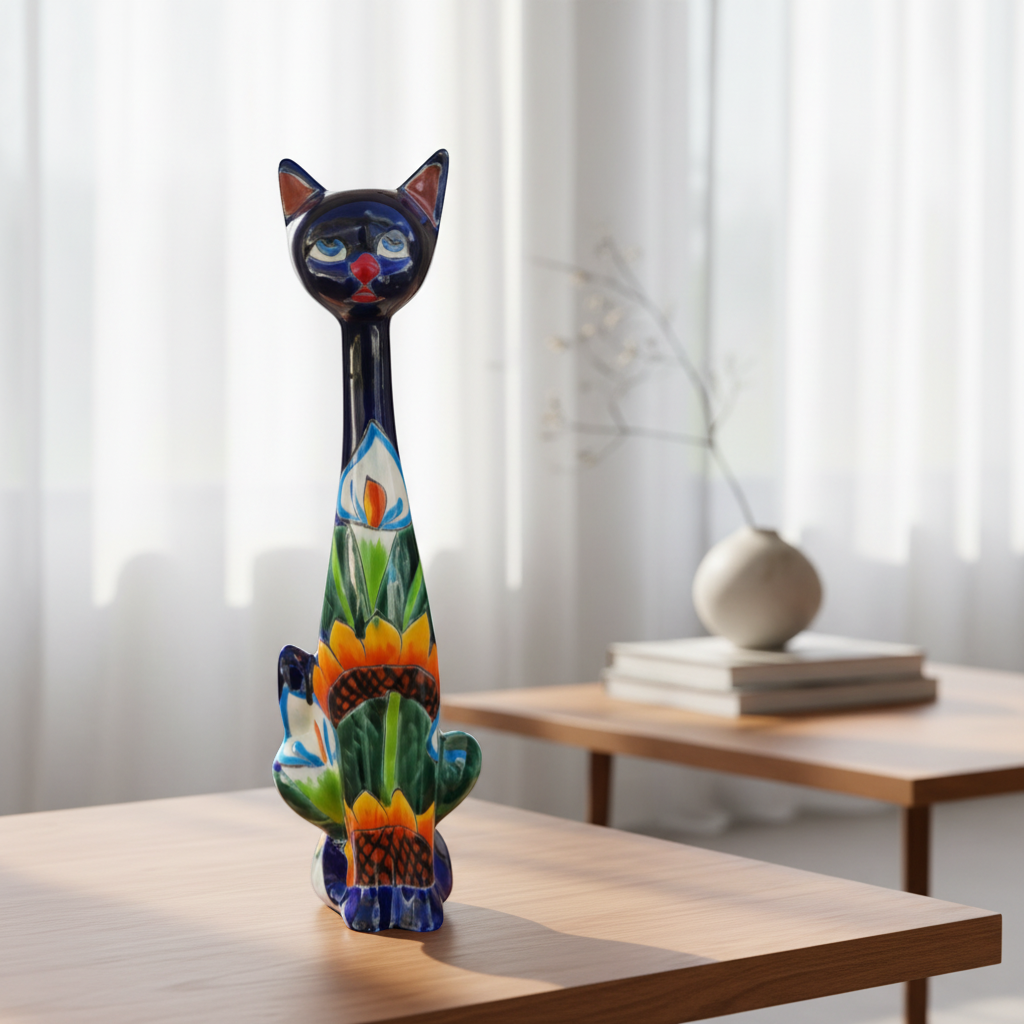 Tall Talavera Cat Statue Handmade Mexican Sunflower Decor - - Talavera Statue