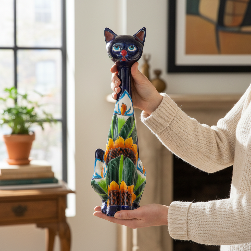 Tall Talavera Cat Statue Handmade Mexican Sunflower Decor - - Talavera Statue