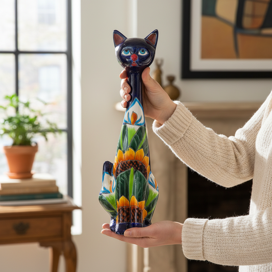 Tall Talavera Cat Statue Handmade Mexican Sunflower Decor - - Talavera Statue