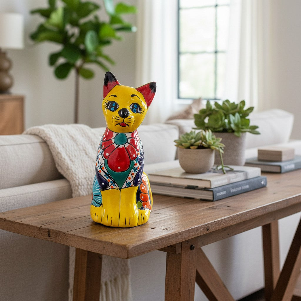 Colorful Hand-Painted Talavera Cat Statue Mexican Folk Art Decor - - Talavera Statue