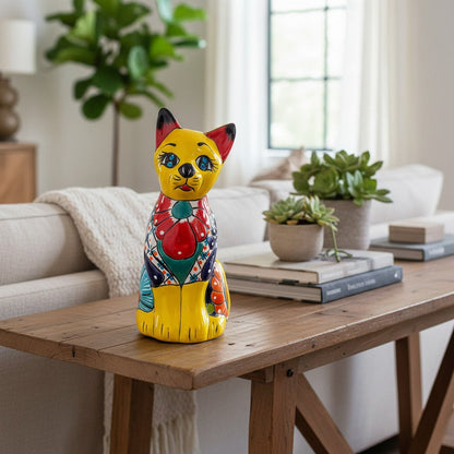 Colorful Hand-Painted Talavera Cat Statue Mexican Folk Art Decor - - Talavera Statue